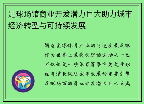 足球场馆商业开发潜力巨大助力城市经济转型与可持续发展