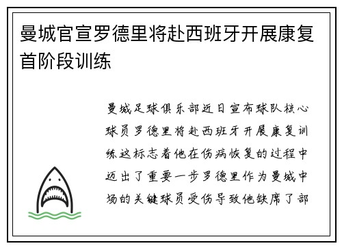 曼城官宣罗德里将赴西班牙开展康复首阶段训练