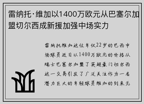 雷纳托·维加以1400万欧元从巴塞尔加盟切尔西成新援加强中场实力
